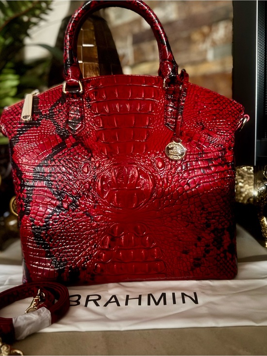 Brahmin Handbags - Brahmin Red and Black Croc-Embossed Satchel. Approx: 14.2" W X 12" H X 5" D